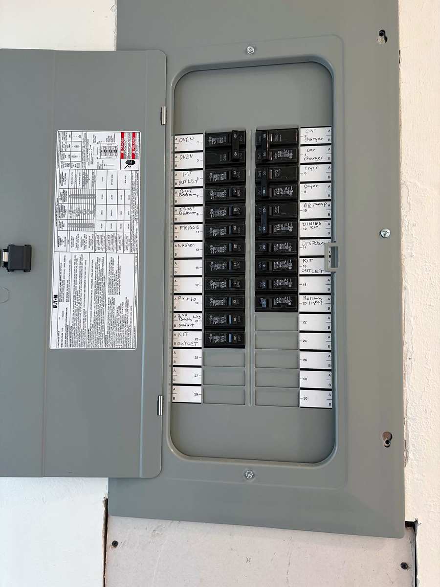 Close view of a finished breaker panel with the door open and every circuit labeled