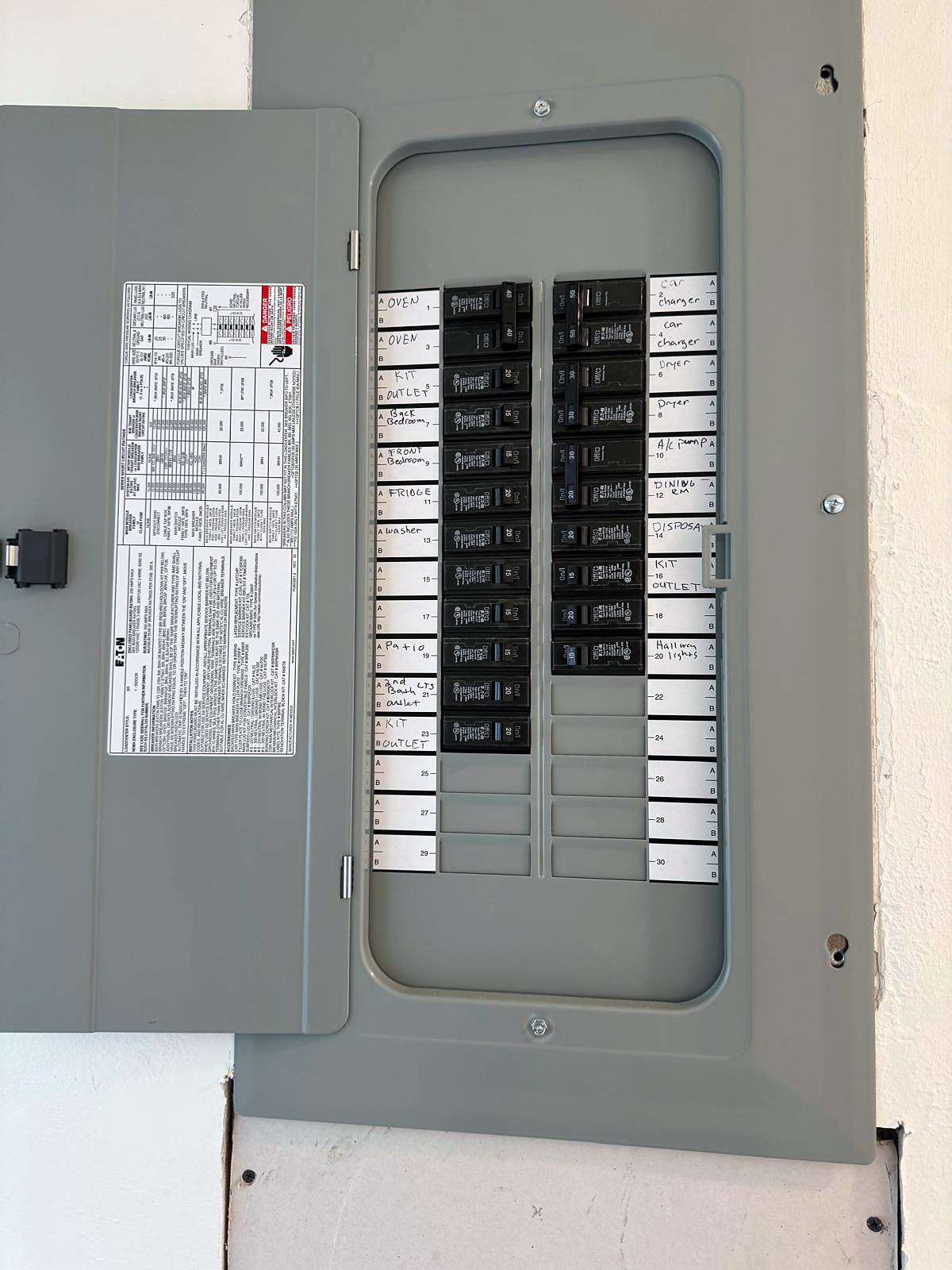 Close view of a finished breaker panel with the door open and every circuit labeled