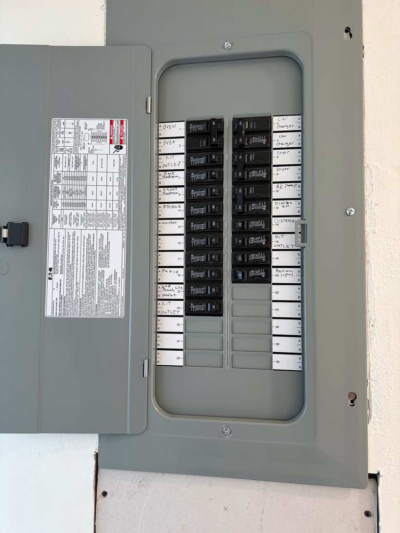 Close view of a finished breaker panel with the door open and every circuit labeled