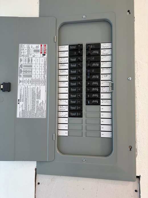 Close view of a finished breaker panel with the door open and every circuit labeled