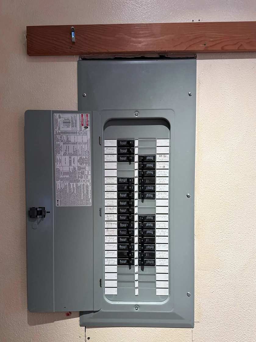 The same panel finished: door open, two columns of breakers and a labeled circuit directory