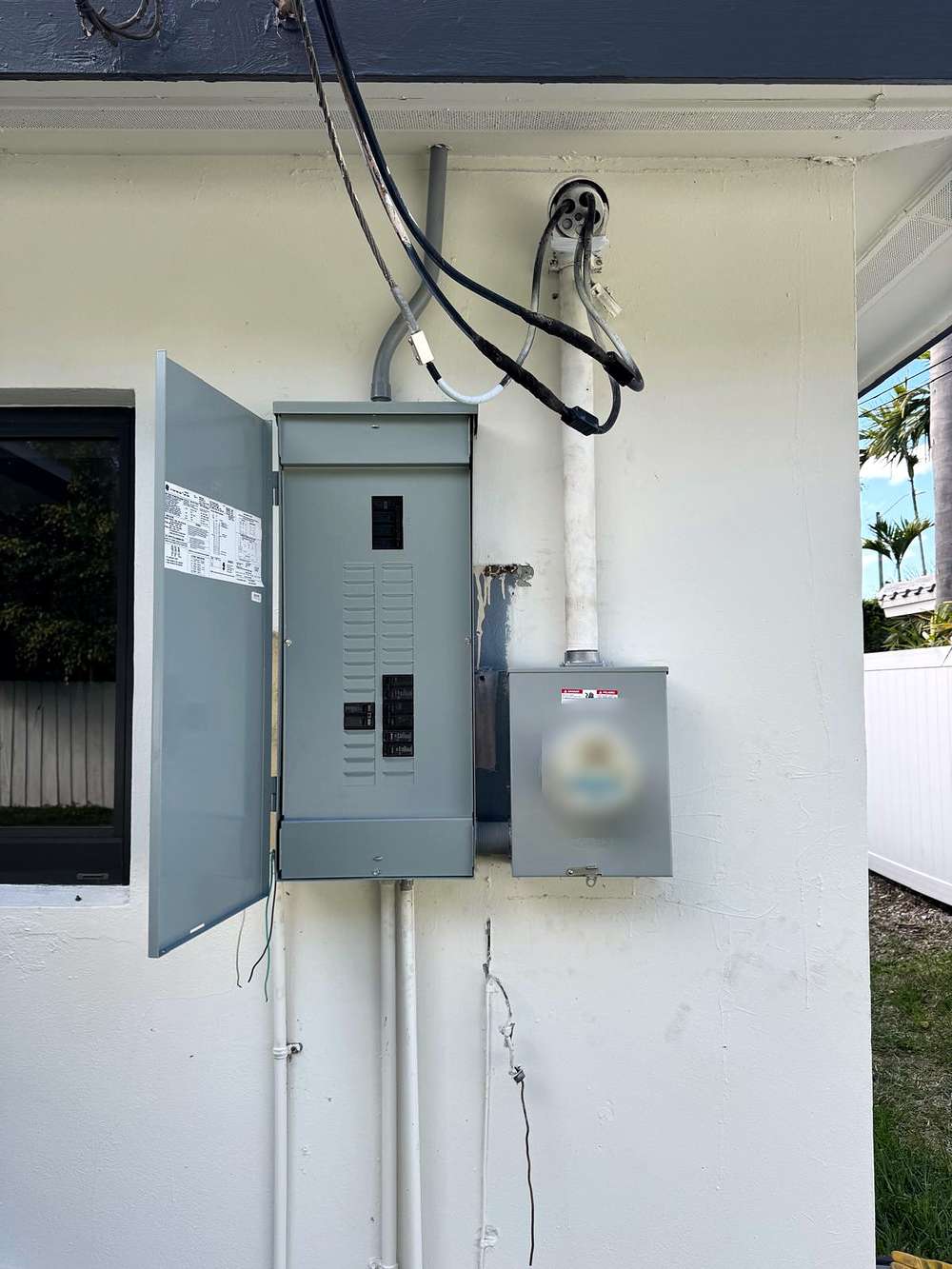 Servicio eléctrico exterior en una pared blanca: panel con la puerta abierta junto al medidor, con palmas detrás
